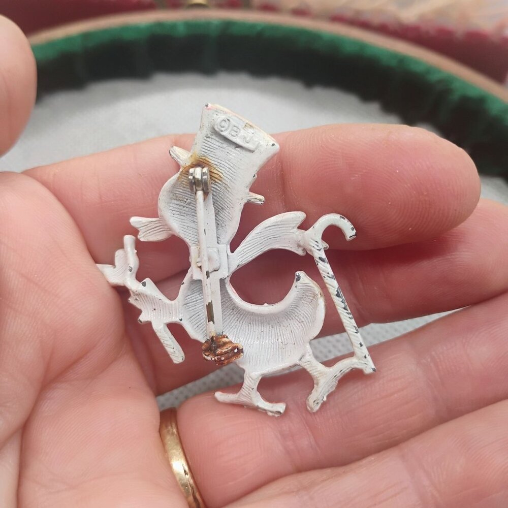 Vintage BJ Enamel Duck Brooch Pin w/Cane & Top Hat White w/Rhinestones 2" - Picture 4 of 4